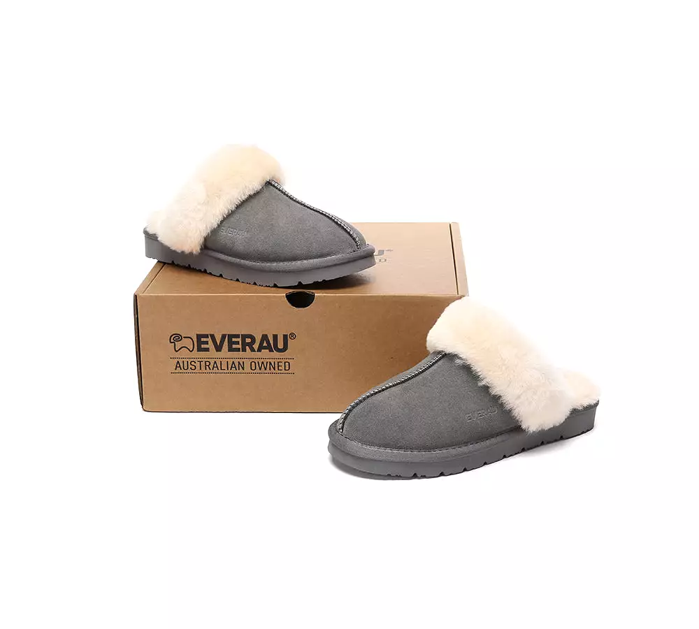 EVERAU UGG Sheepskin Wool Suede Scuff Slippers Muffin