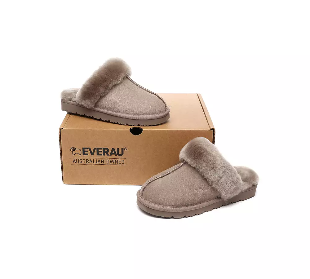 EVERAU UGG Sheepskin Wool Suede Scuff Slippers Muffin