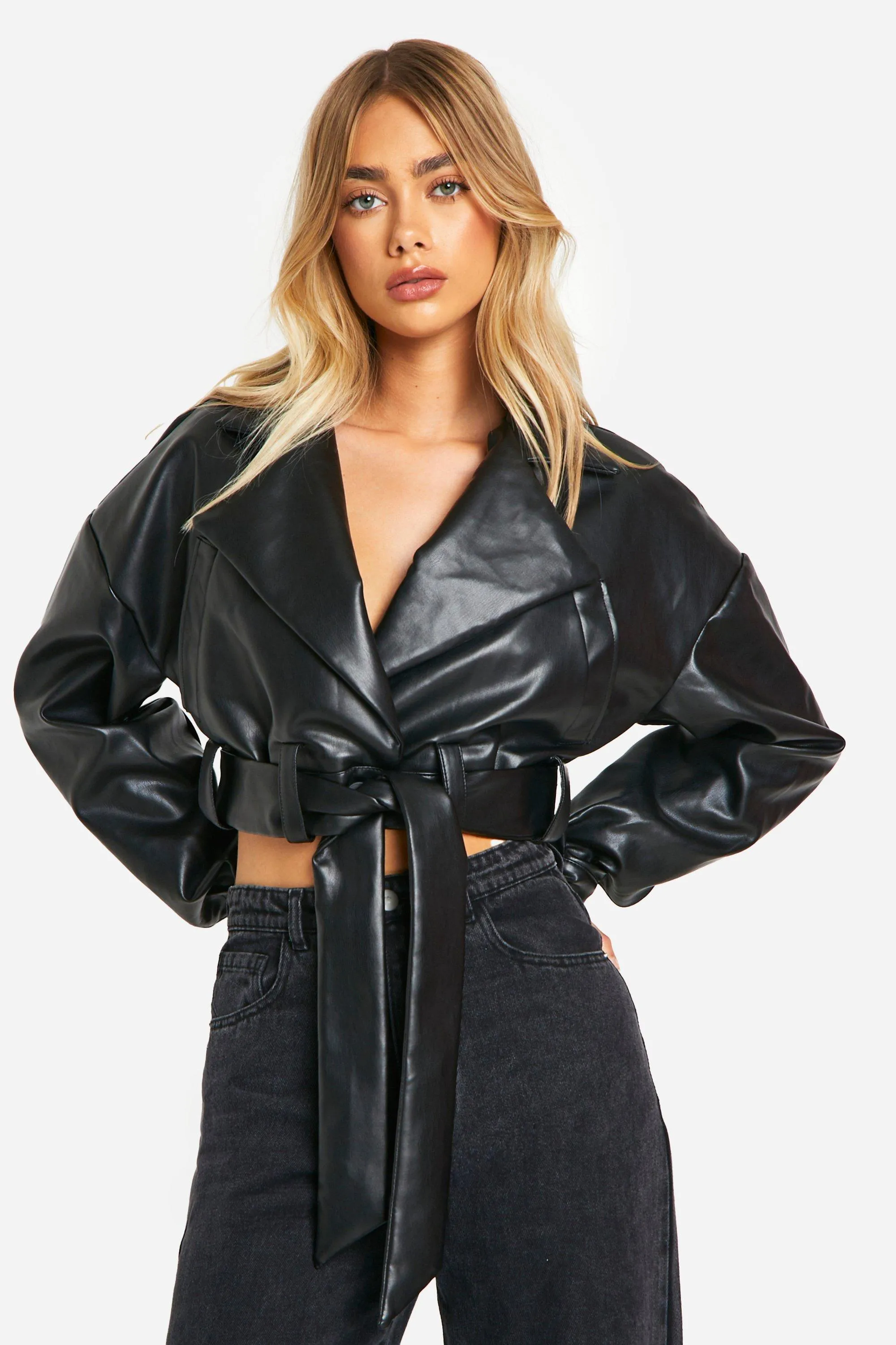 Jackets & Coats | Belted Super Crop Biker Jacket | boohoo