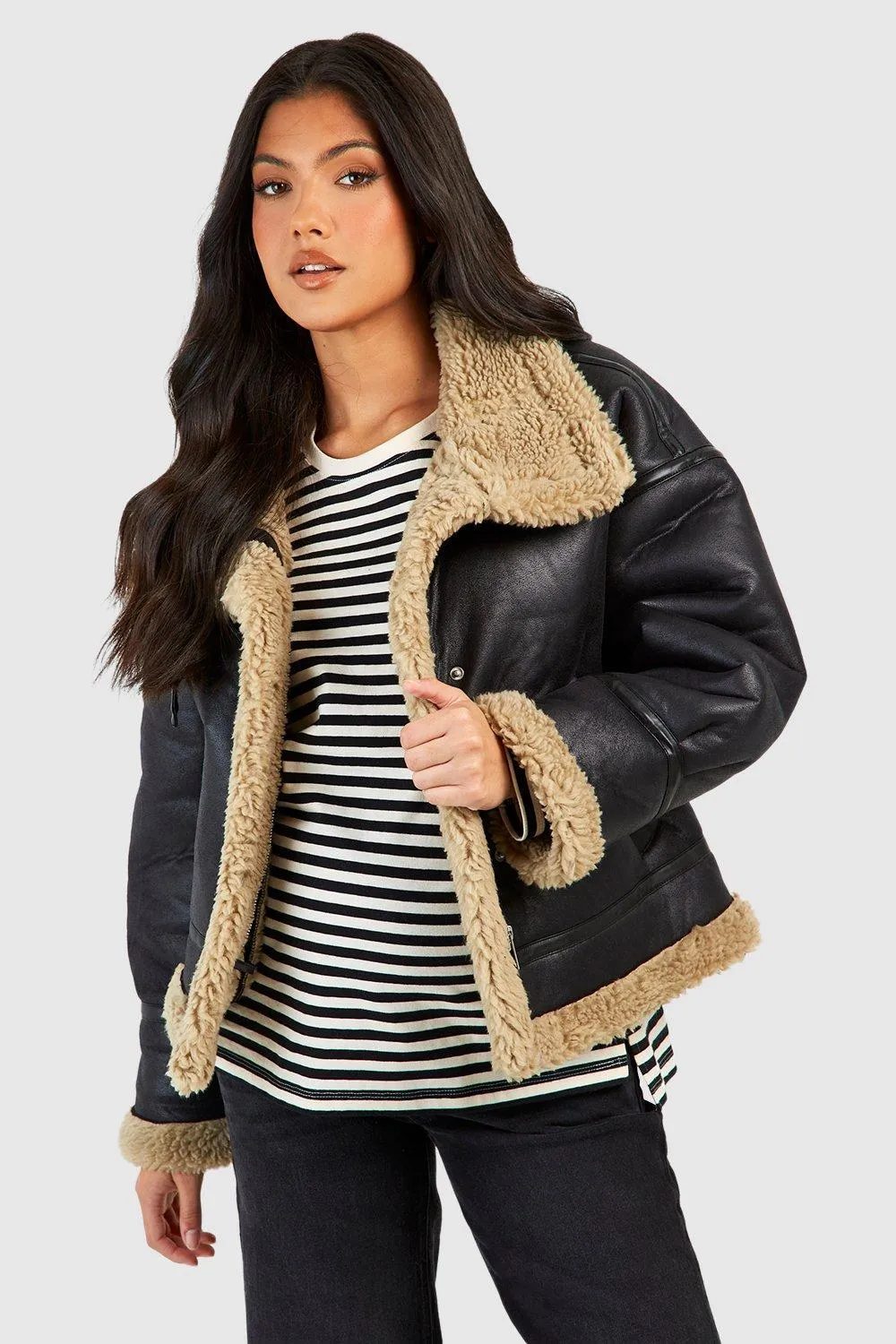 Jackets & Coats | Maternity Teddy Trim Aviator Jacket | boohoo