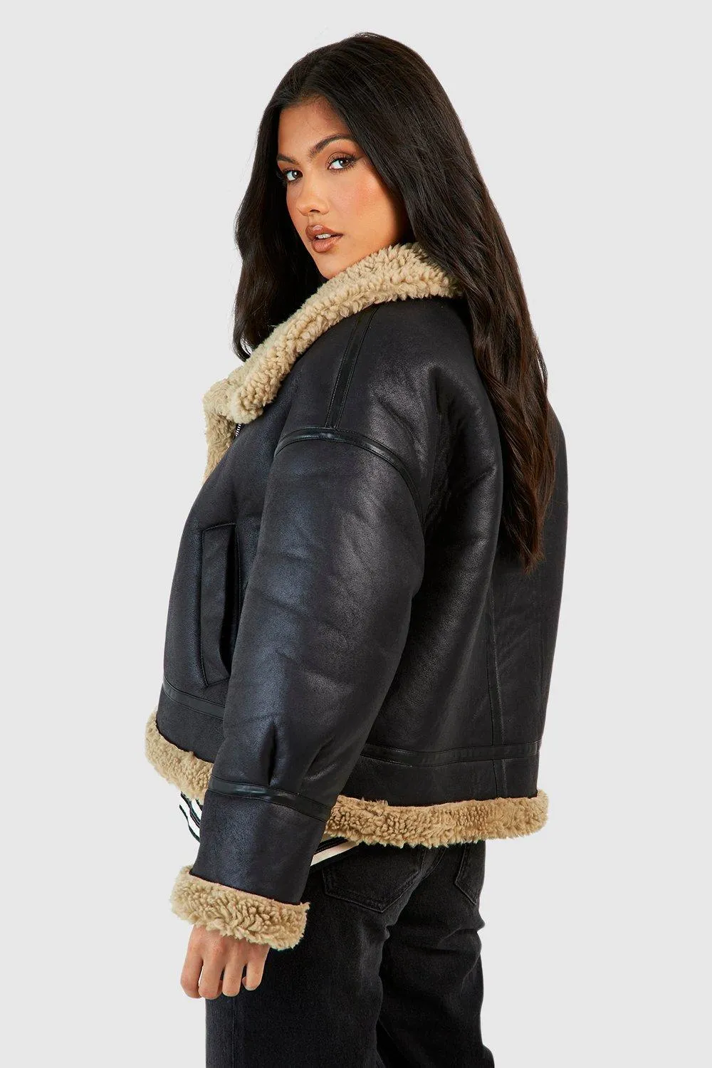 Jackets & Coats | Maternity Teddy Trim Aviator Jacket | boohoo