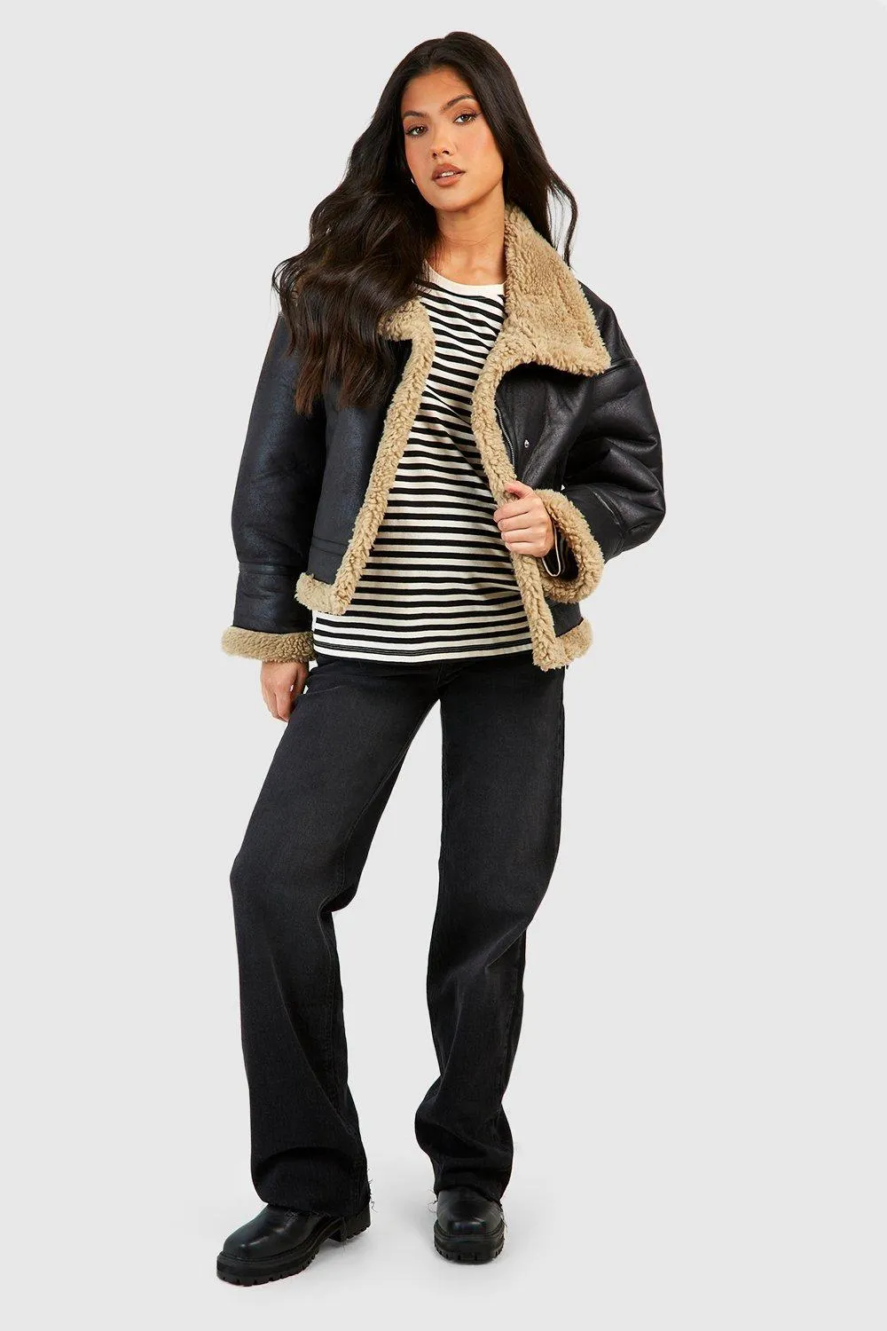 Jackets & Coats | Maternity Teddy Trim Aviator Jacket | boohoo