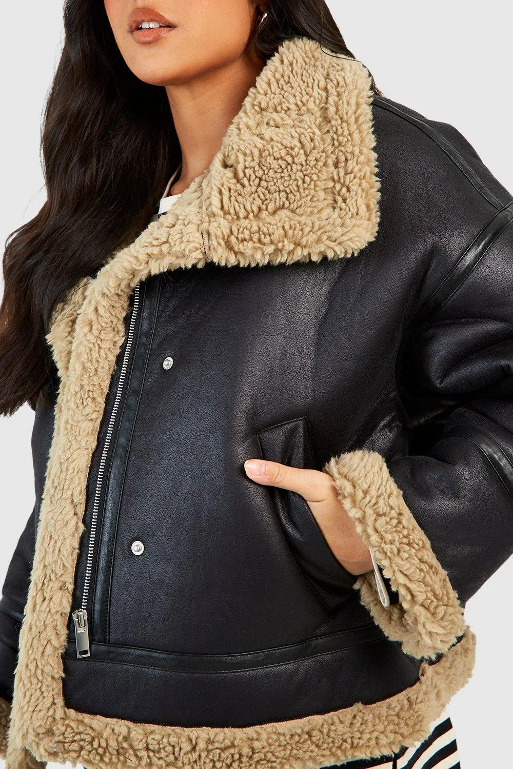 Jackets & Coats | Maternity Teddy Trim Aviator Jacket | boohoo