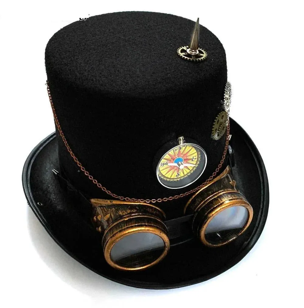 Men's Gothic Steampunk High Top Gear Chain Goggles Costume Top Hat