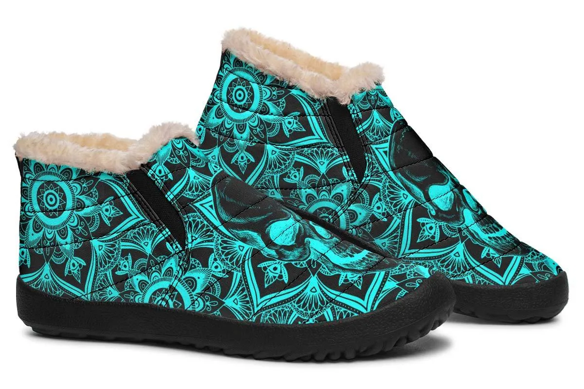 Neon Aqua Mandala Black Cozy Fur Winter Sneakers – 90Sfootwear