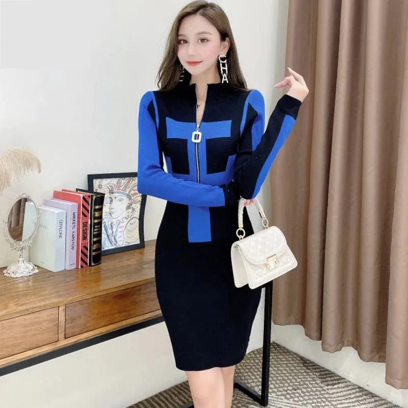 Sexy Women's Winter Vintage Knitted Sheath Zipper Bodycon Dress