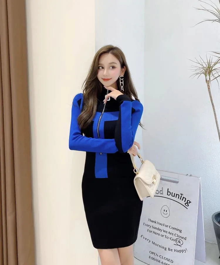 Sexy Women's Winter Vintage Knitted Sheath Zipper Bodycon Dress