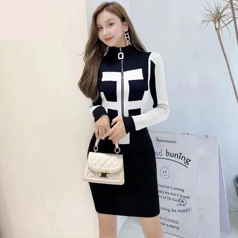 Sexy Women's Winter Vintage Knitted Sheath Zipper Bodycon Dress