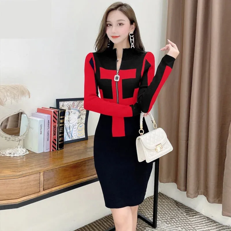 Sexy Women's Winter Vintage Knitted Sheath Zipper Bodycon Dress