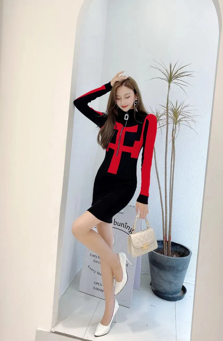 Sexy Women's Winter Vintage Knitted Sheath Zipper Bodycon Dress