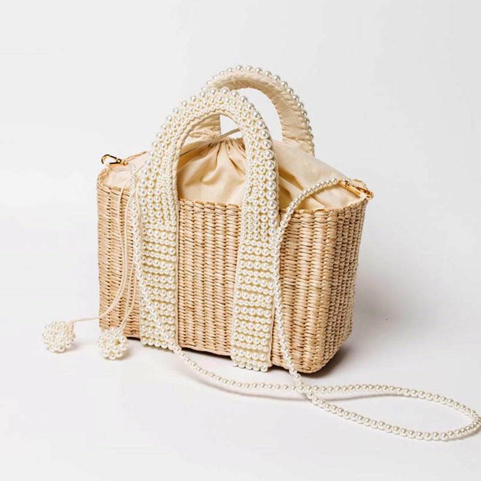 Tote Straw Handbag With Pearl Straps