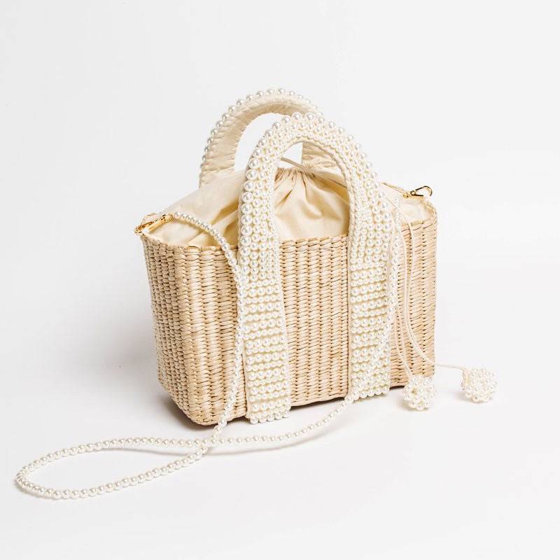 Tote Straw Handbag With Pearl Straps