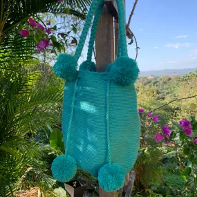 Turquoise Pom Pom Mochila