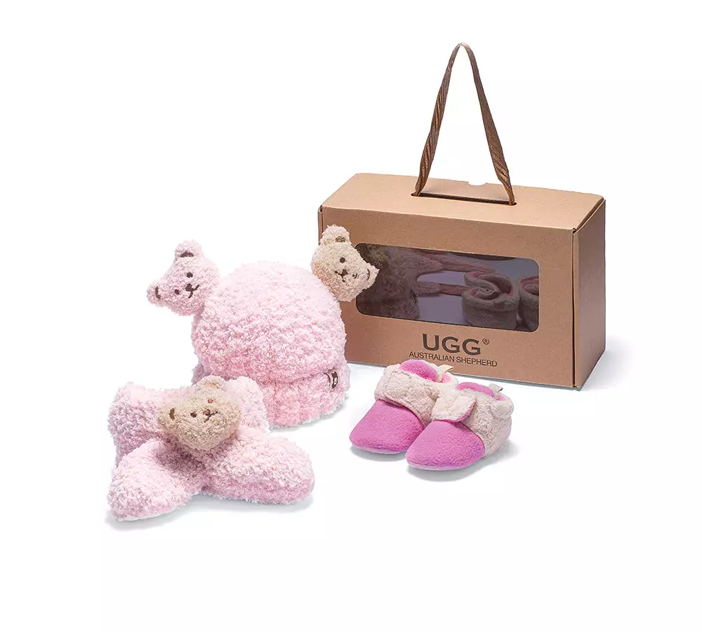 UGG AUSTRALIAN SHEPHERD Baby Booties Gift Set with Shearling Bear Beanie and Scarf