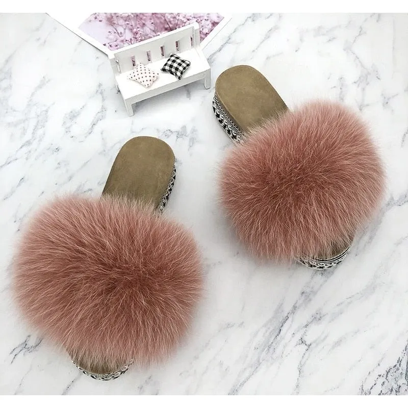 Women's Bean Paste Summer Real Fur Rivets Platform House Slippers