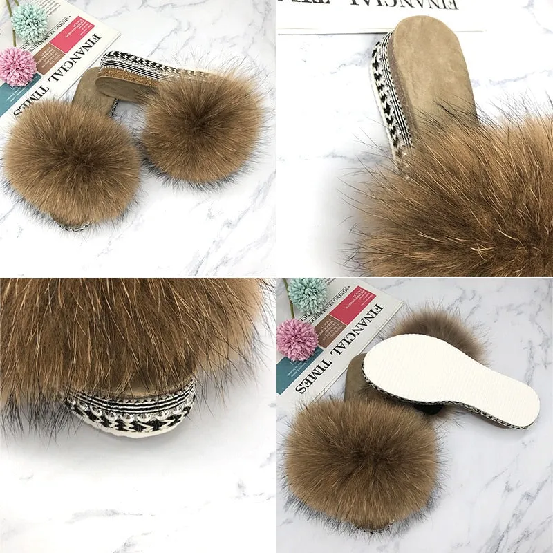 Women's Bean Paste Summer Real Fur Rivets Platform House Slippers