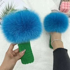 Women's Lake Blue Real Fur Slides Cotton Fluffy Flat House Slippers