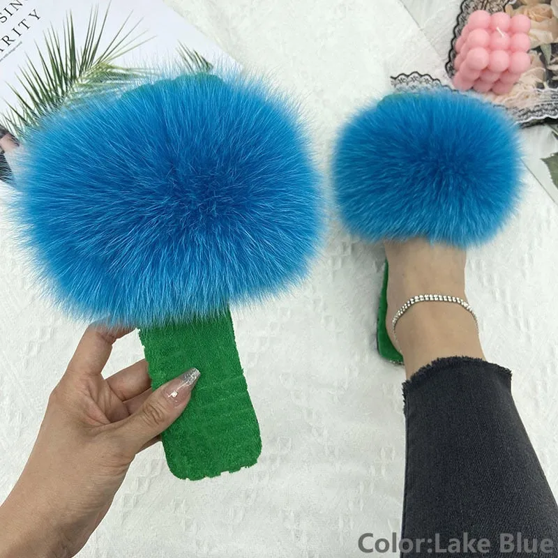 Women's Lake Blue Real Fur Slides Cotton Fluffy Flat House Slippers