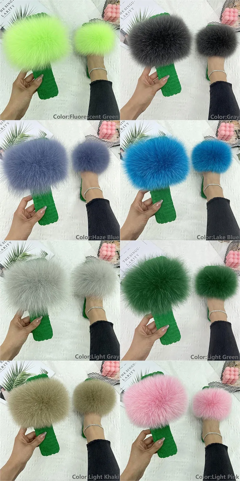 Women's Lake Blue Real Fur Slides Cotton Fluffy Flat House Slippers