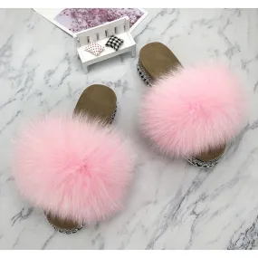 Women's Light Pink Summer Real Fur Rivets Platform House Slippers