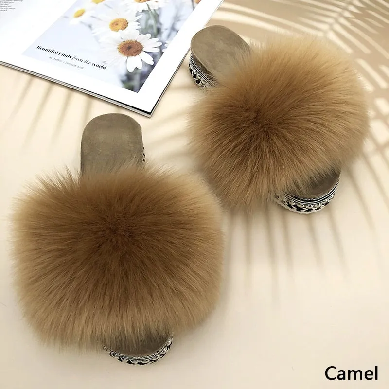 Women's Luxury Summer Camel Synthetic Fur Rivet Platform House Slippers