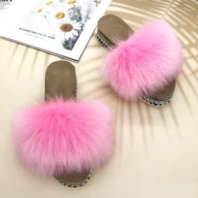 Women's Luxury Summer Pink Synthetic Fur Rivet Platform House Slippers