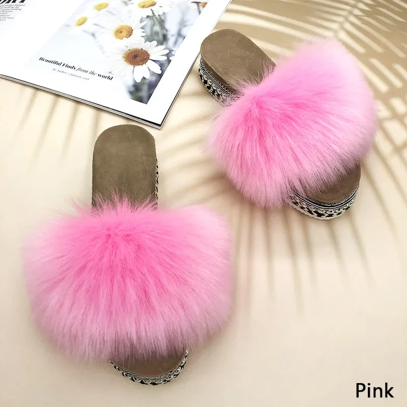 Women's Luxury Summer Pink Synthetic Fur Rivet Platform House Slippers