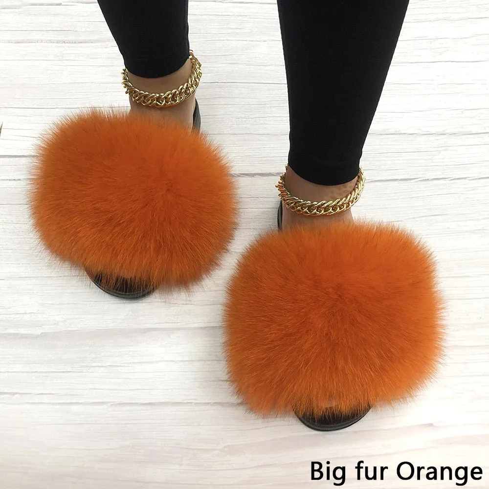 Women's Orange Summer Big Fluffy Real Fox Fur House Slippers