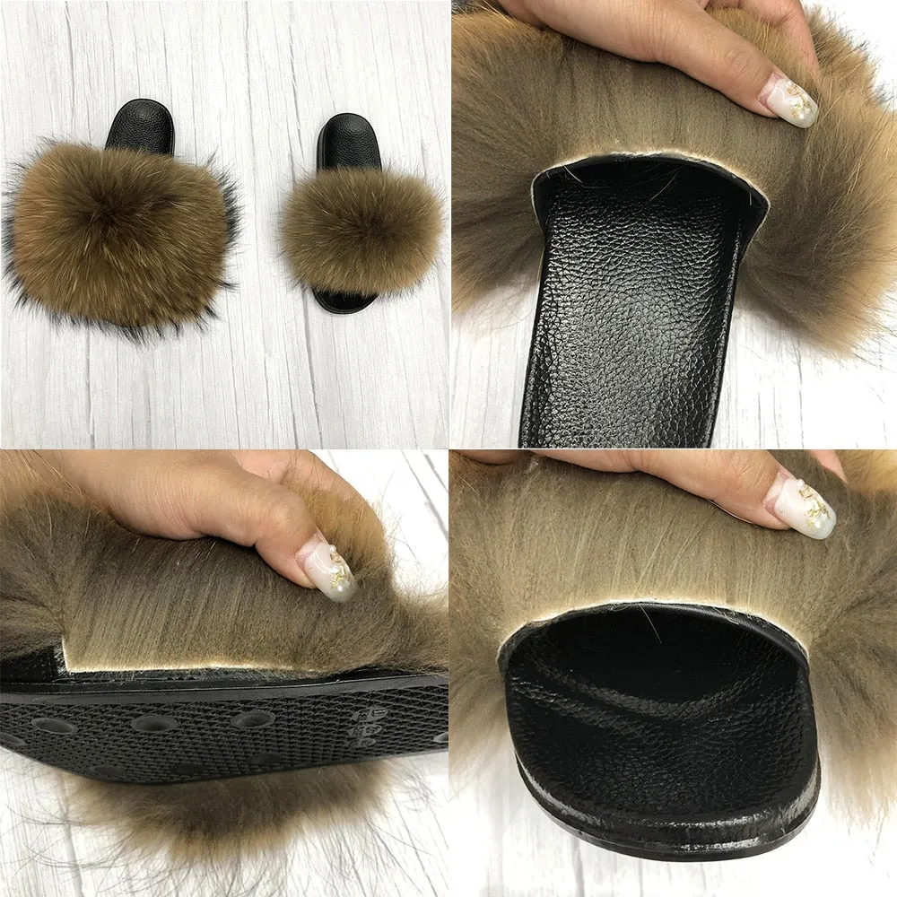 Women's Orange Summer Big Fluffy Real Fox Fur House Slippers