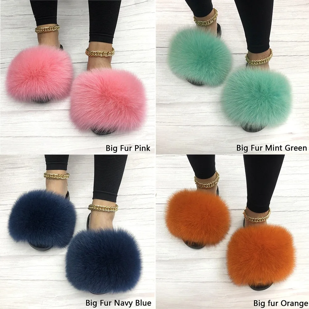 Women's Orange Summer Big Fluffy Real Fox Fur House Slippers