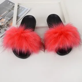 Women's Red Summer Synthetic Fur Fluffy Plush Furry House Slippers