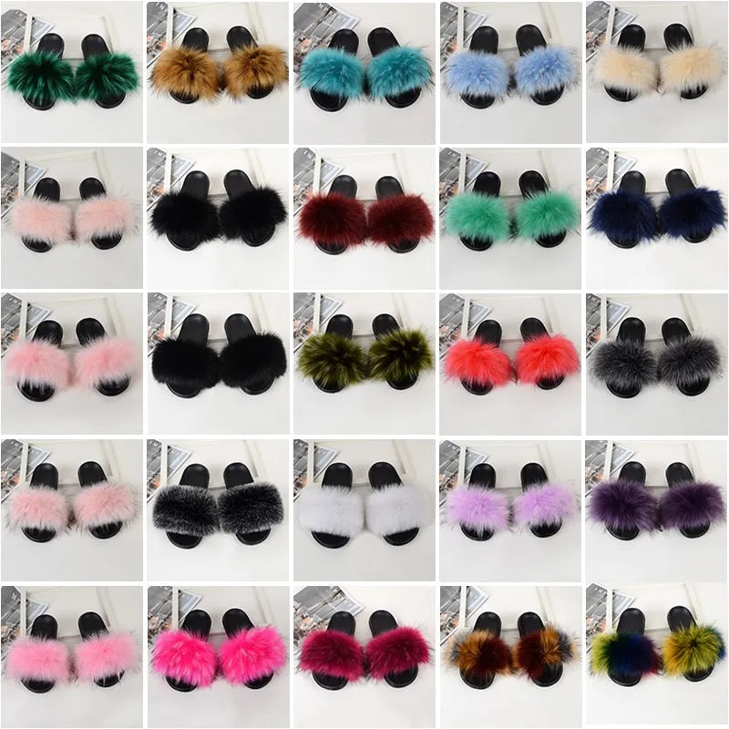 Women's Red Summer Synthetic Fur Fluffy Plush Furry House Slippers