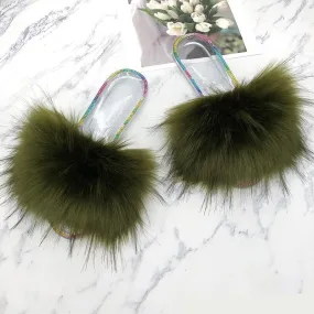 Women's Sexy Summer Army Green Synthetic Fur Slides House Slippers