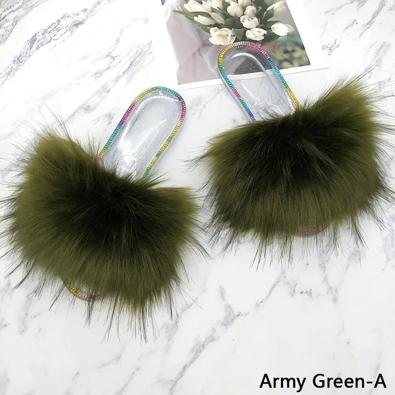 Women's Sexy Summer Army Green Synthetic Fur Slides House Slippers