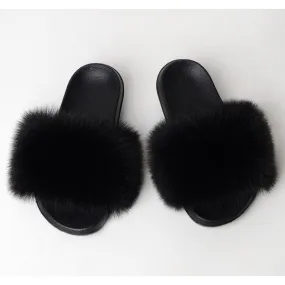 Women's Summer Black Color Synthetic Fur Fluffy Flat Indoor Slides Slippers