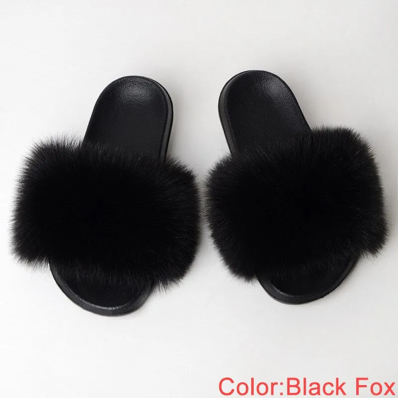 Women's Summer Black Color Synthetic Fur Fluffy Flat Indoor Slides Slippers