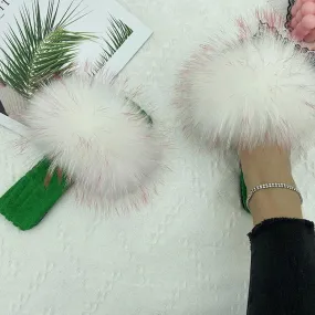 Women's Summer Cotton Fluffy Natural Fur Slides Flat House Slippers