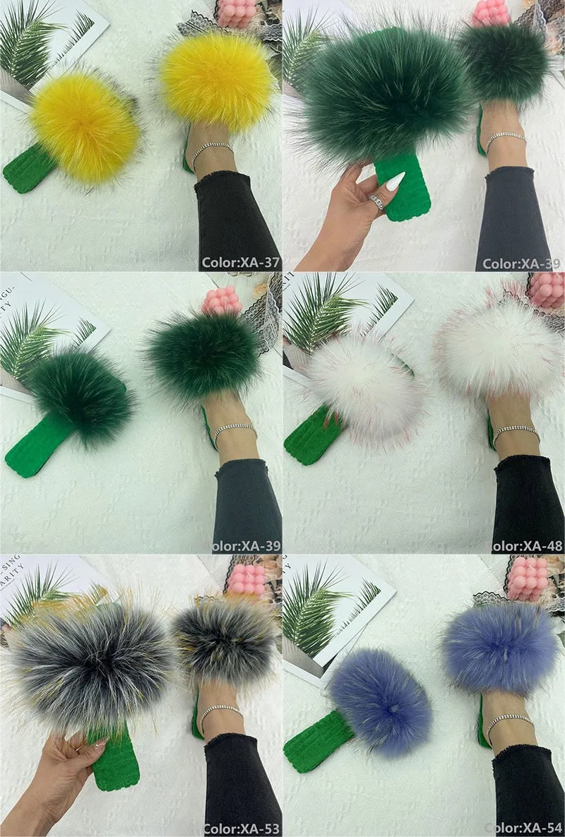 Women's Summer Cotton Fluffy Natural Fur Slides Flat House Slippers