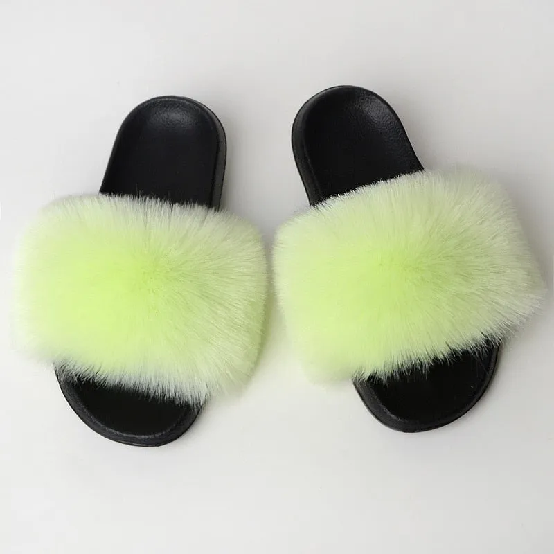 Women's Summer Mint Green Color Synthetic Fur Fluffy Flat Indoor Slippers