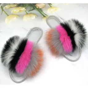 Women's Summer Real Fur Fluffy Slides Transparent Flip Flop Jelly Slippers