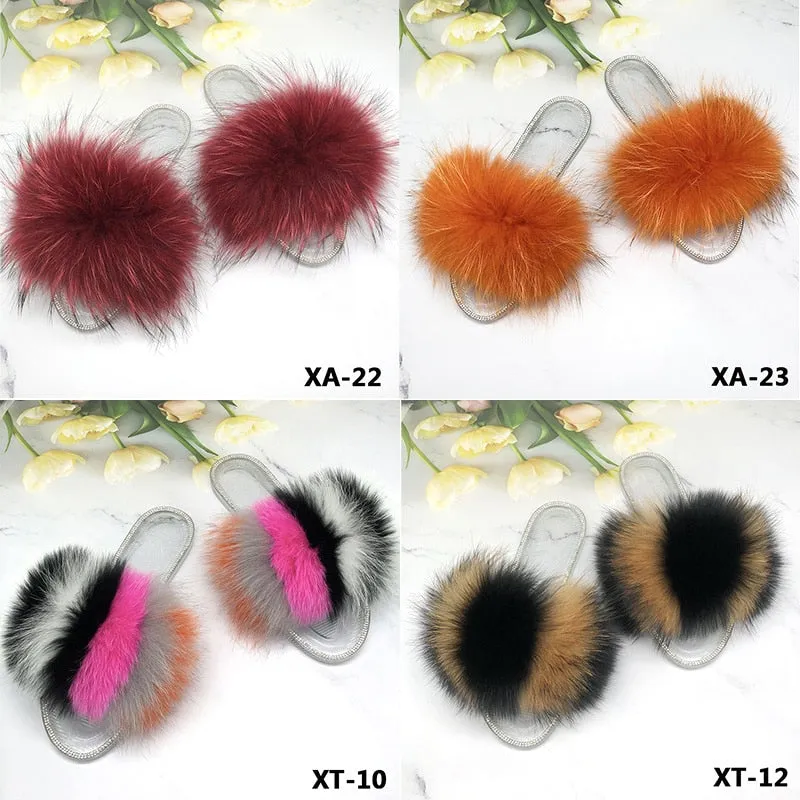 Women's Summer Real Fur Fluffy Slides Transparent Flip Flop Jelly Slippers