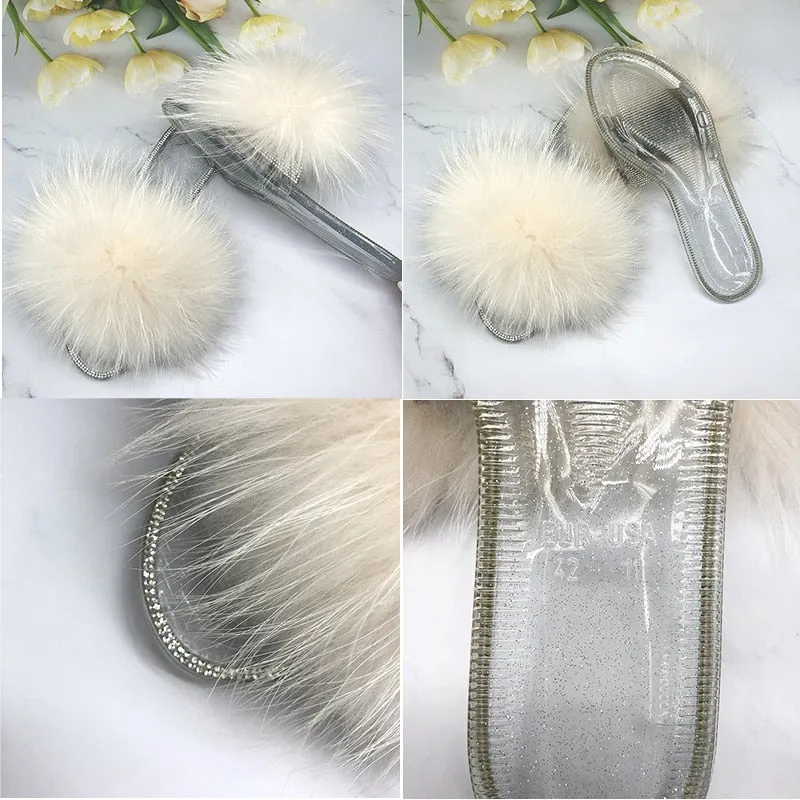 Women's Summer Real Fur Fluffy Slides Transparent Flip Flop Jelly Slippers