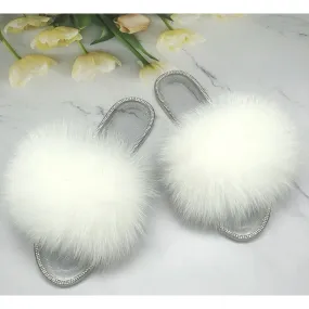 Women's White Real Fur Fluffy Slides Transparent Jelly Flip Flop Slippers