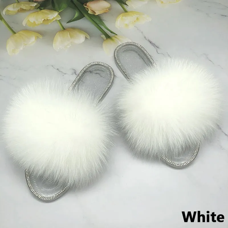 Women's White Real Fur Fluffy Slides Transparent Jelly Flip Flop Slippers