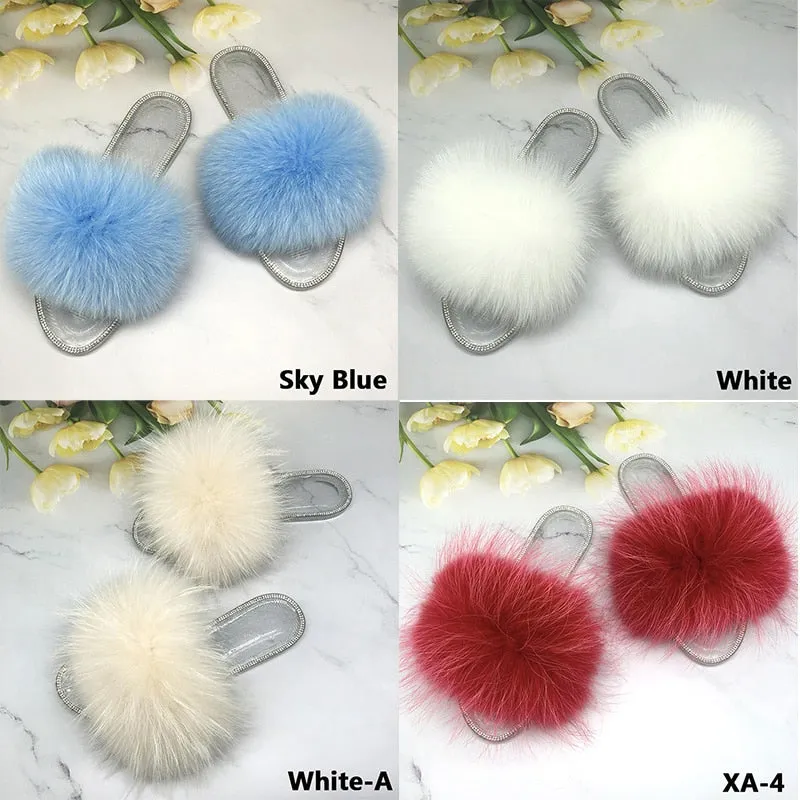 Women's White Real Fur Fluffy Slides Transparent Jelly Flip Flop Slippers